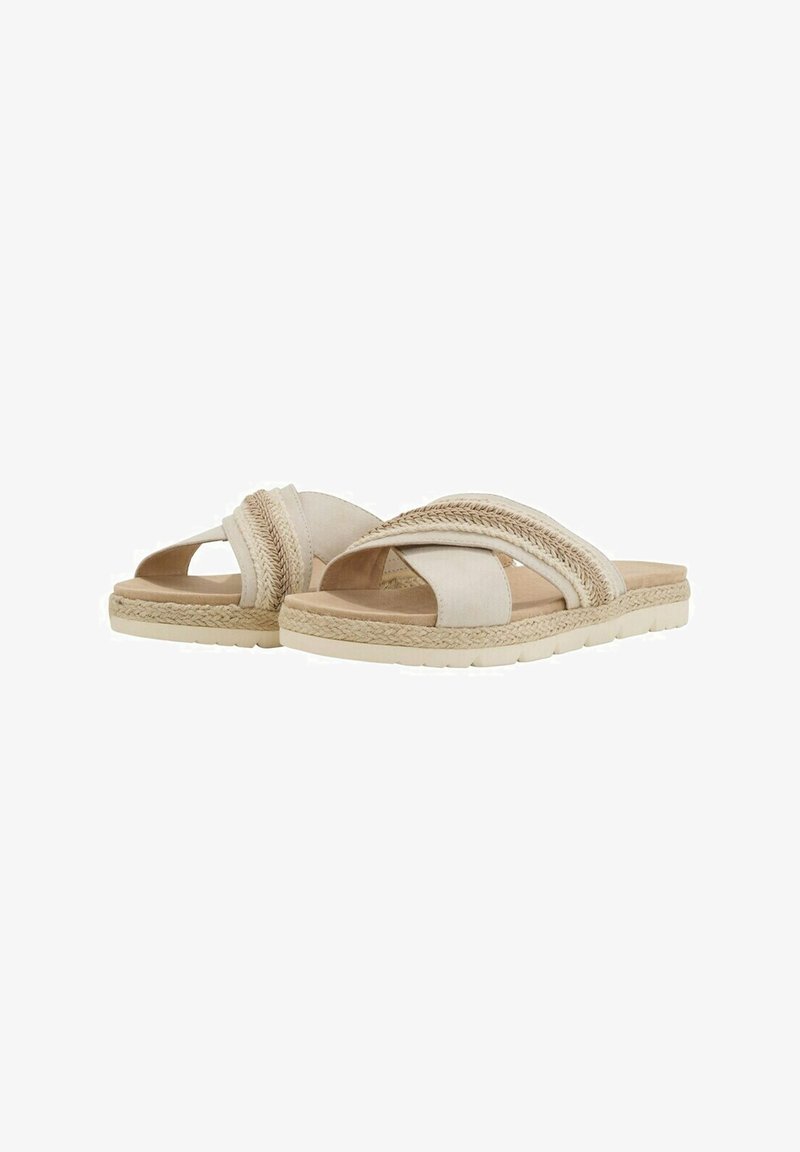 Sandali beige con dettagli intrecciati, design open-toe e suola in stile espadrilles. Parte superiore in morbido tessuto e soletta imbottita per il comfort.