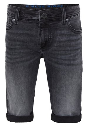 Short en denim gris foncé avec ourlets roulés, bouton sur le devant, passants de ceinture et détails subtils délavés.