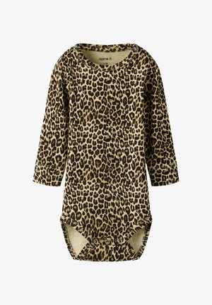 Romper met lange mouwen voor baby's, bedrukt met een bruin-zwart luipaardpatroon, ronde hals en drukknoopsluiting bij het kruis.