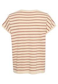 Ribet kortærmet T-shirt i creme med horisontale rust-røde striber, med en løs pasform og en rund halsudskæring.