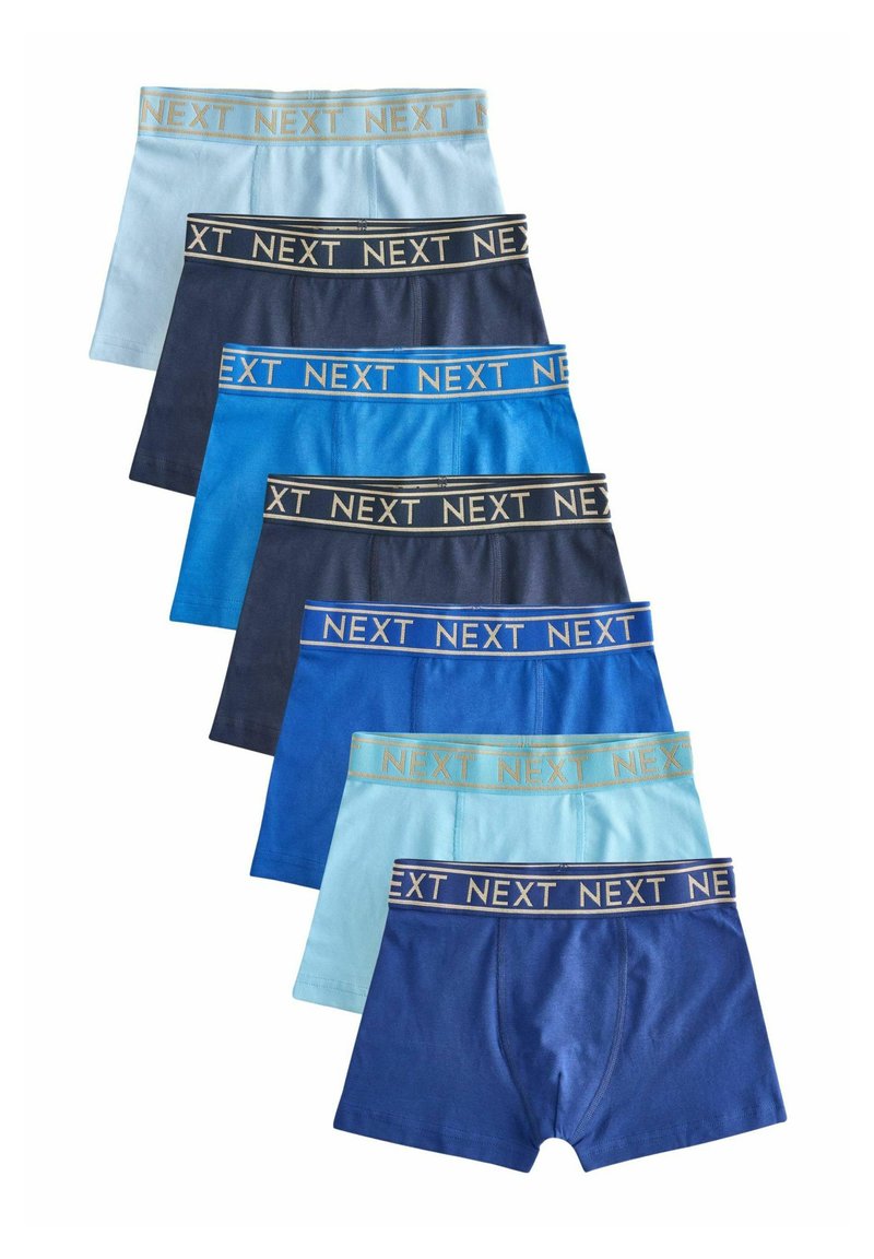Set med sju kalsonger i olika nyanser av blått och teal, med elastiska midjeband märkta "NEXT" i guld och blått.