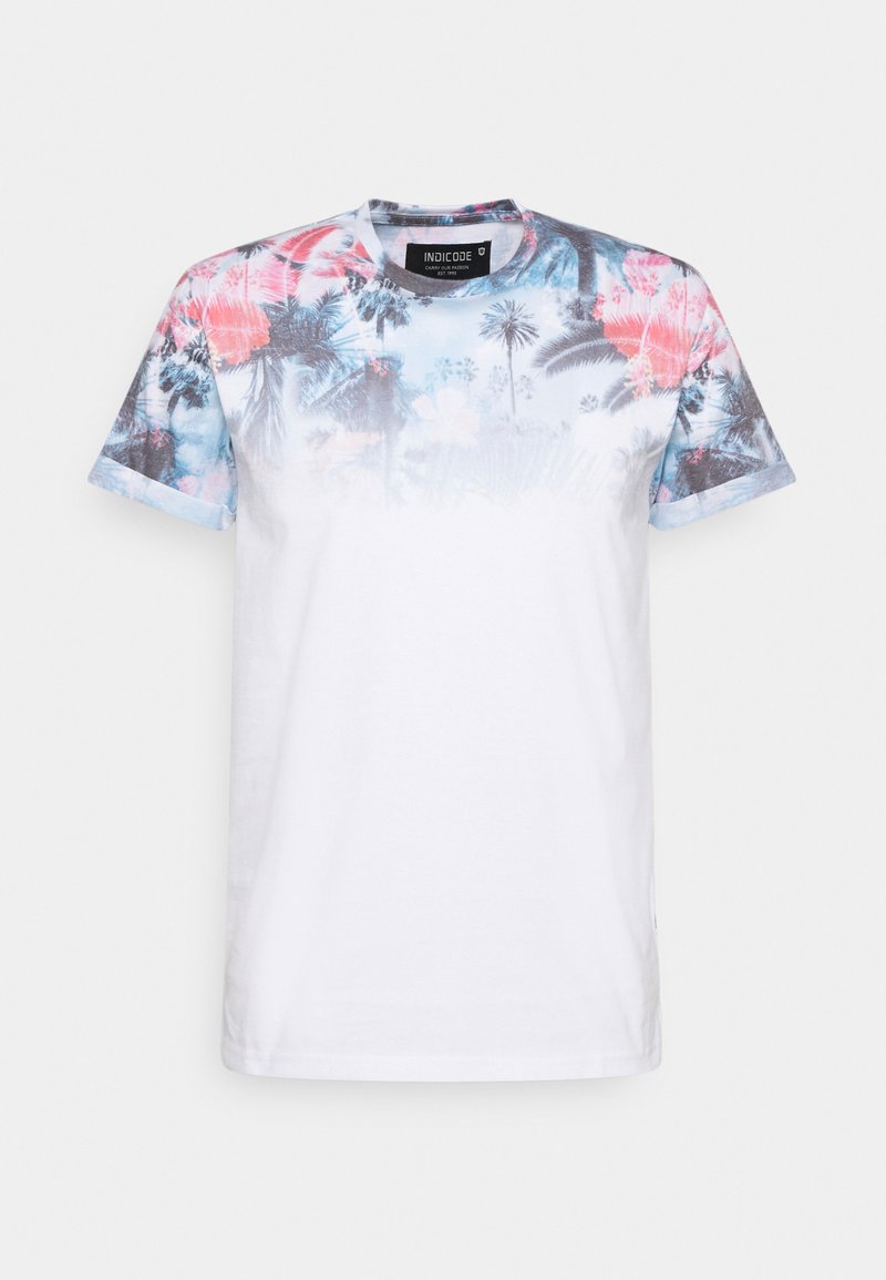 T-shirt pour homme à manches courtes présentant un corps blanc et un motif dégradé coloré de palmiers et de fleurs sur la partie supérieure. Matériel en coton.