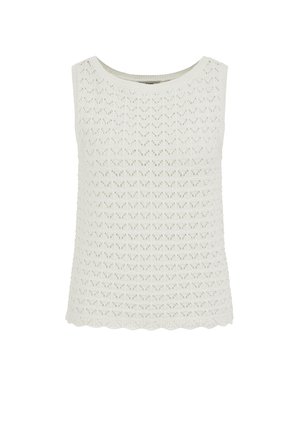 Witte mouwloze gebreide top met een geschulpte zoom en een doorlopend ooglooppatroon.