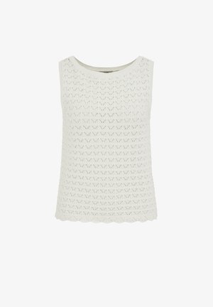 Bijela pletena majica bez rukava s valovitim rubom i ponavljajućim uzorkom s rupicama.