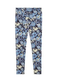 Bloemenleggings in marineblauw, voorzien van een blauw en crèmekleurig bloemenpatroon. Gemaakt van zacht materiaal met een elastische tailleband en een klein logo-accent.