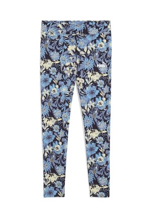 Floral leggings in navy, featuring a blue and cream flower print. Made of soft fabric with an elastic waistband and a small logo accent.