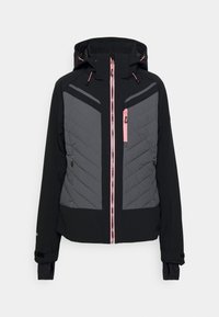 Veste d'hiver noire et grise à capuche avec fermetures éclair roses à l'avant et sur la poitrine, poches latérales et poignets ajustables.