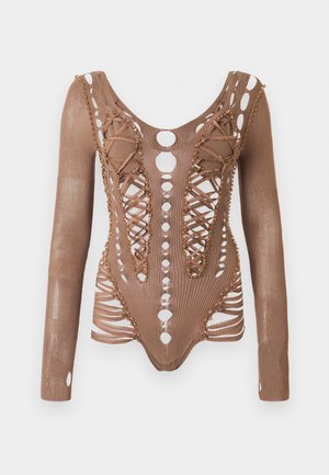 Long-sleeve brown mesh bodysuit with intricate cutouts, lace-up front detailing, and decorative beading along the edges against a white background.
