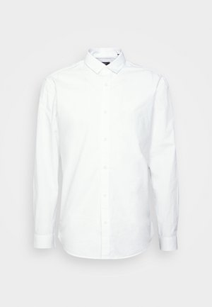 Long-sleeve white button-up shirt with a pointed collar displayed against a plain light background.