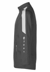 Graue Jacke mit Stehkragen, die weiße Netzakzente an den Schultern und eine mit Reißverschluss gesicherte Tasche aufweist, sowie runde Details am Ärmel.