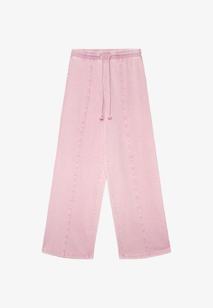 Rosa Hosen mit weitem Bein aus weichem Stoff, ausgestattet mit einem elastischen Bund mit Kordelzug und vertikalen Nahtdetails entlang der Beine.