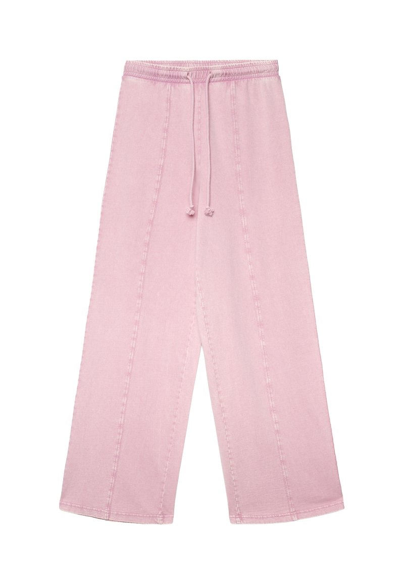 Pantaloni rosa a gamba larga realizzati in tessuto morbido, con vita elastica e coulisse, e dettagli con cuciture verticali lungo le gambe.