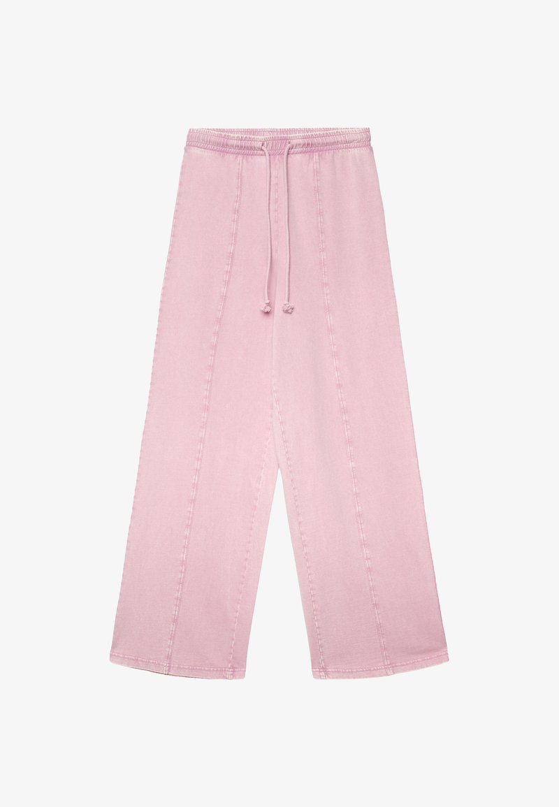 Pantaloni rosa a gamba larga realizzati in tessuto morbido, con vita elastica e coulisse, e dettagli con cuciture verticali lungo le gambe.