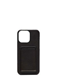 Coque de téléphone en cuir noir avec un slot à l'arrière pour cartes, forme rectangulaire, texture lisse et découpe précise pour la caméra.