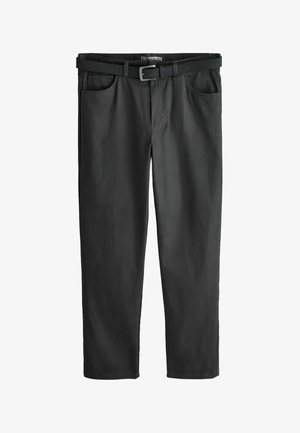 Mustat suorat housut kestävästä kankaasta, joissa on suora lahkeensuun leikkaus, etutaskut ja vyö suorakaiteen muotoisella metallisoljella.