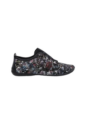 Czarne sneakersy z kwiatowym wzorem, wykonane z fakturowanego materiału, z wielokolorowymi motywami kwiatowymi. Gumowa podeszwa, sznurowana konstrukcja i okrągły czubek.