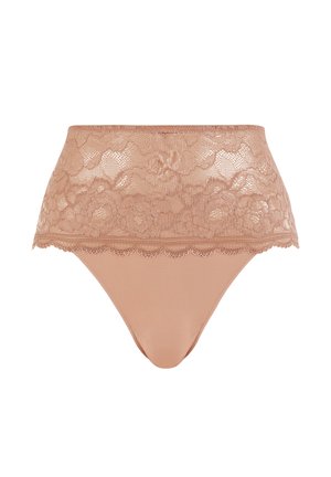 Hoge taille nude string met brede bloemenkant tailleband en golvende randen, naadloze stretchstof voor comfort en pasvorm.