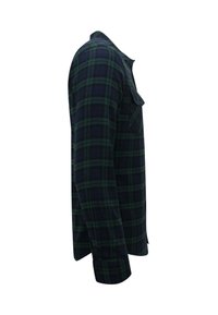 Langarm flanellen overhemd in donker marineblauw en groen geruit patroon, met een kraag met knopen en een borstzak. Zachte textuur, comfortabele pasvorm.