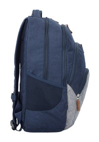 Navy blue backpack featuring multiple zippered compartments, gray textured accents, mesh panel, and padded shoulder straps for comfort.