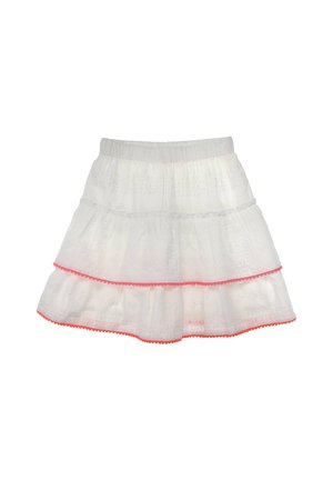 White tiered skirt with subtle floral patterns and pink scalloped trim along the two lower layers and waistband.
