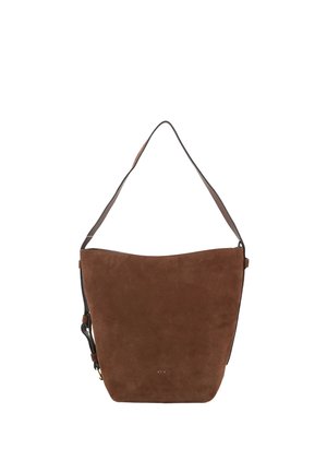 Brown suede bucket handbag with a single shoulder strap and a small gold logo detail near the bottom center.