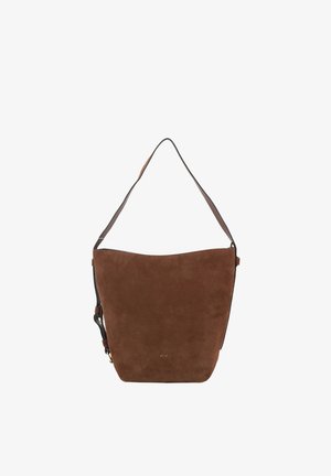 Brown suede bucket handbag with a single shoulder strap and a small gold logo detail near the bottom center.