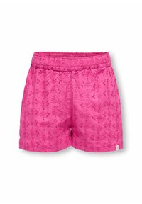 Roze shorts met een elastische tailleband, versierd met een bloemenborduursel en een gestructureerde stof. Ontworpen voor comfort en bewegingsvrijheid.