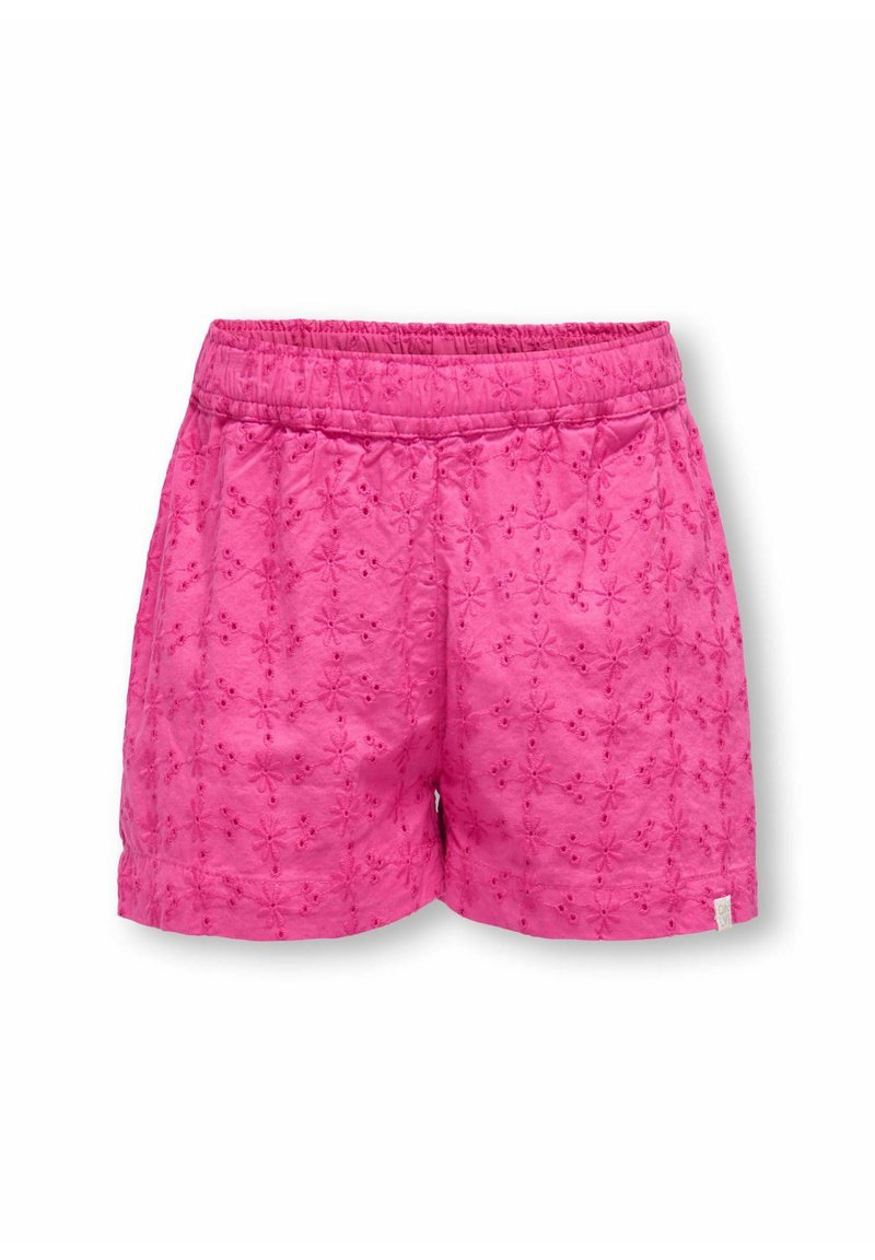 Roze shorts met een elastische tailleband, versierd met een bloemenborduursel en een gestructureerde stof. Ontworpen voor comfort en bewegingsvrijheid.