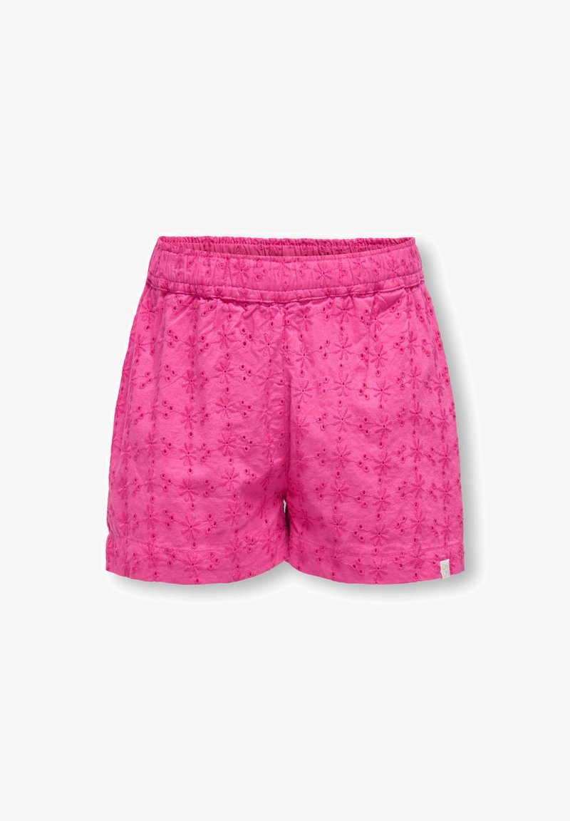 Roze shorts met een elastische tailleband, versierd met een bloemenborduursel en een gestructureerde stof. Ontworpen voor comfort en bewegingsvrijheid.