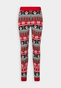 Leggings rouges et noirs avec un motif de fête comprenant des bonhommes de neige, des sapins de Noël et des flocons de neige, fabriqués à partir d'un matériau doux et extensible.
