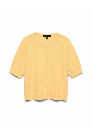 Cardigan jaune à manches courtes, boutonné, avec un col rond et des poignets et un ourlet côtelés, présenté à plat sur fond blanc.