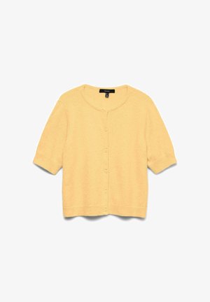 Żółty kardigan z krótkim rękawem, zapinany na guziki, z okrągłym dekoltem oraz ściągaczami na mankietach i dole, pokazany na płasko na białym tle.