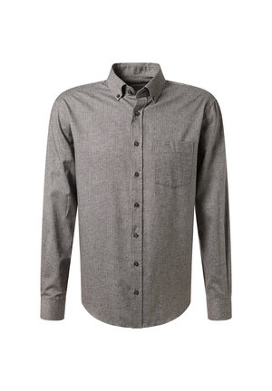 Langärmliges, knöpfbares Hemd aus einem grauen Stoff mit subtiler Textur. Verfügt über eine einzelne Brusttasche und schwarze Knöpfe. Klassisches Kragen-Design.