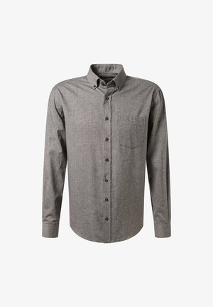 Camicia a maniche lunghe, con bottoni, in un tessuto grigio con una texture sottile. Presenta una tasca sul petto e bottoni neri. Design del colletto classico.