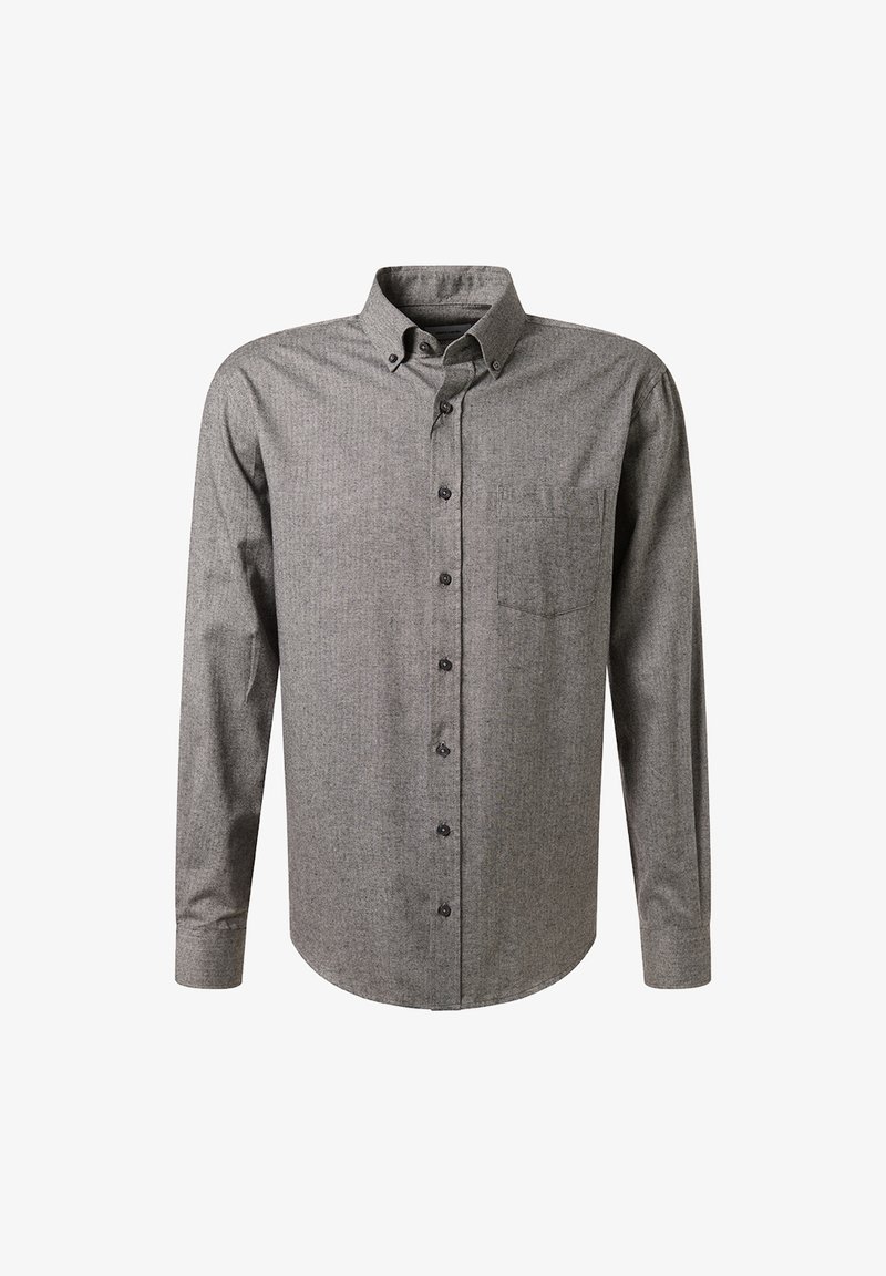 Camicia a maniche lunghe, con bottoni, in un tessuto grigio con una texture sottile. Presenta una tasca sul petto e bottoni neri. Design del colletto classico.