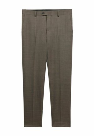 Bruine, op maat gemaakte stoffen broek van textuurstof. Voorzien van zijzakken, een ritssluiting en een enkele knoopsluiting. Rechtafgaande broekspijpen.
