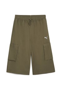 Olivgrön cargoshorts tillverkade av lättviktigt material, med två sidofickor, elastisk midja och en vit logotyp vid fållen.