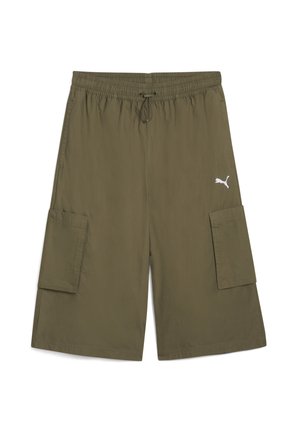 Olive green cargo shorts made from lightweight fabric, featuring two side pockets, an elastic waistband, and a white logo on the hem.