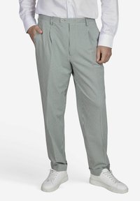 Groen en witte gestreepte broeken met een relaxed fit, met plooien aan de voorkant en gedragen met witte sneakers. Gladde stoftextuur.