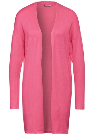 Lange, open voorkant cardigan gemaakt van lichtgewicht breiwerk in felroze. Heeft lange mouwen en een relaxte pasvorm, zonder sluitingen.