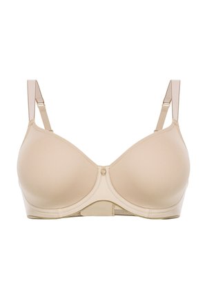 Reggiseno imbottito beige con spalline regolabili e chiusura a gancio, caratterizzato da un tessuto liscio e un design a coppa rotonda. Senza motivi o decorazioni.