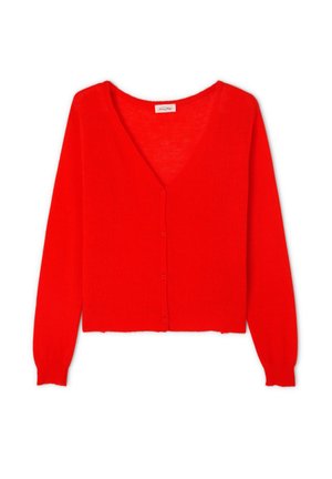 Roter Strickcardigan mit V-Ausschnitt, langen Ärmeln und kurzer Form. Verfügt über einen Knopfverschluss und eine weiche Textur. Keine Muster oder Verzierungen.
