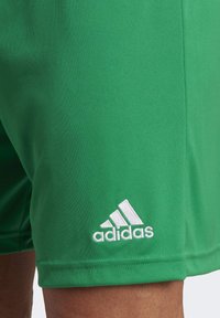 Groene sportieve shorts van zacht materiaal, met het witte Adidas-logo, een gladde textuur en een eenvoudig ontwerp.