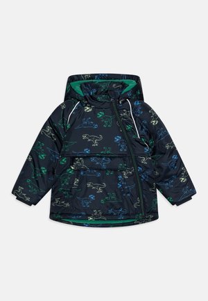 Veste à capuche pour enfants bleu marine avec doublure verte, motifs de dinosaures en bleu, vert et beige, et fermeture éclair asymétrique à l'avant.