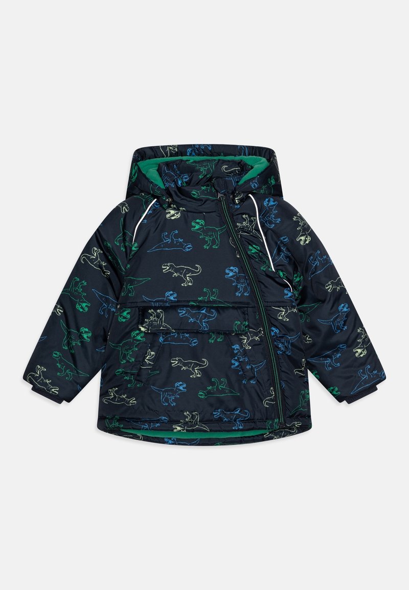 Veste à capuche pour enfants bleu marine avec doublure verte, motifs de dinosaures en bleu, vert et beige, et fermeture éclair asymétrique à l'avant.