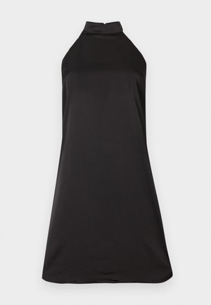 Black halter-neck dress with a fitted bodice and flared silhouette. Made of smooth, lightweight fabric with a plain texture.