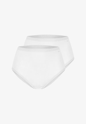 White cotton high-waisted underwear with a smooth texture, featuring a soft elastic waistband and gray trim, sold in a pack of two.
