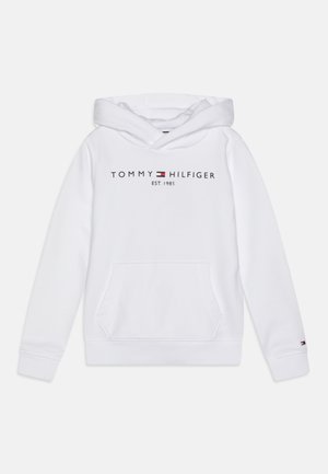 Weißer Kapuzenpullover aus Baumwolle mit einer Fronttasche. Verziert mit einem Logotext "TOMMY HILFIGER EST. 1985" in dunkler Schrift. Mit einer Kapuze und Kordelzug.