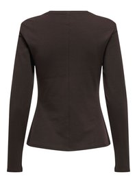 Dark brown long-sleeve fitted top with a round neckline and visible central back seam, displayed from the back.