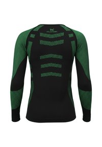 Long-sleeve athletic undershirt in black with green accents. Features a textured pattern and fitted design for comfort and performance.